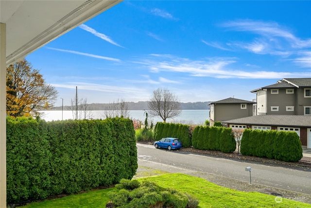 view of street featuring a water view