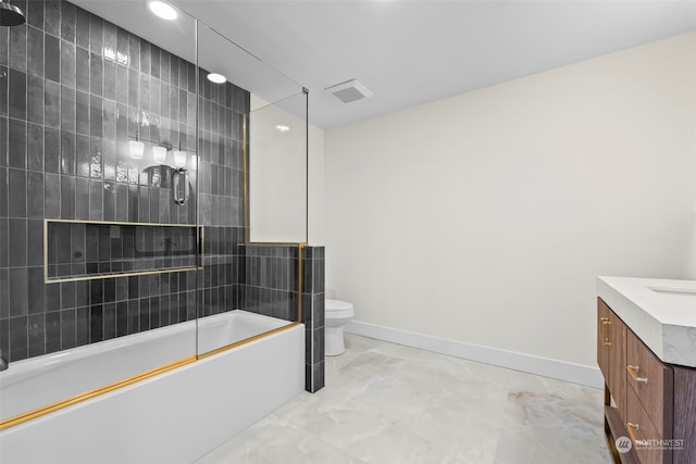 bathroom featuring baseboards, bath / shower combo with glass door, toilet, marble finish floor, and vanity