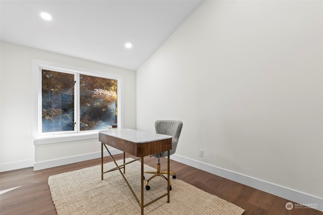 office with recessed lighting, wood finished floors, and baseboards