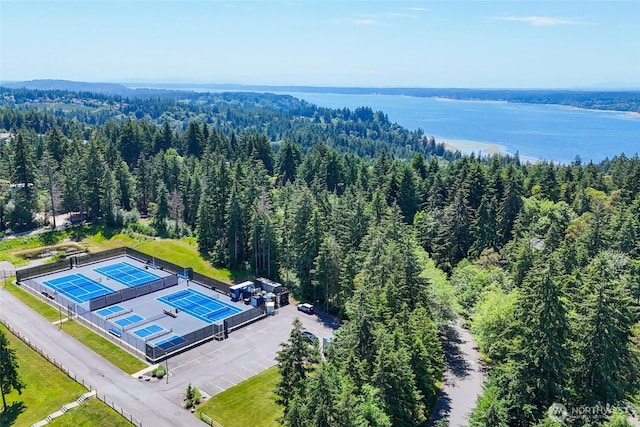 bird's eye view featuring a wooded view