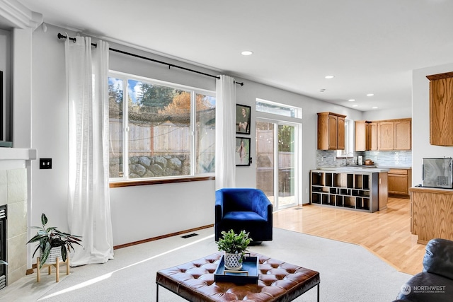 living room with plenty of natural light, light hardwood / wood-style floors, and a fireplace