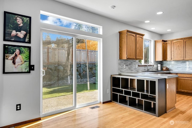 kitchen with tasteful backsplash, light hardwood / wood-style flooring, and sink