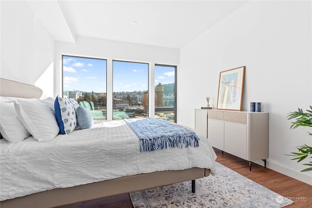 bedroom with dark hardwood / wood-style flooring