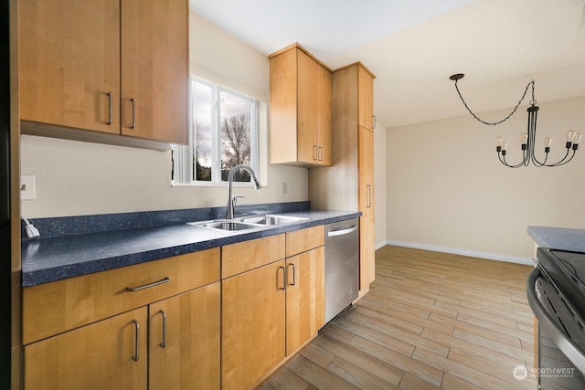 kitchen with black range with electric stovetop, dishwasher, sink, a notable chandelier, and light wood-type flooring