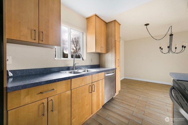 5021 Ripley Ln N Unit 112, Renton, WA 98056 - kitchen featuring a sink, dishwasher, black range with electric stovetop, dark countertops, and baseboards