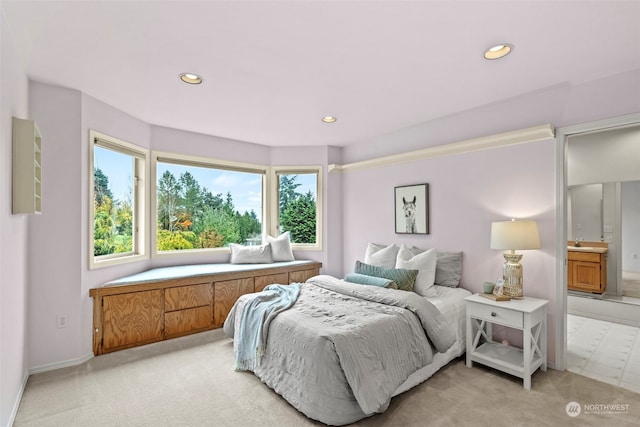 carpeted bedroom with ensuite bath and sink