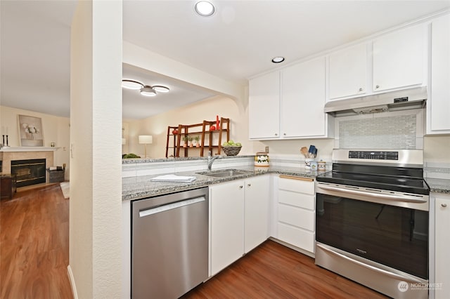 kitchen with light stone countertops, appliances with stainless steel finishes, sink, and dark hardwood / wood-style floors