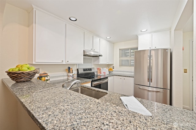 kitchen featuring white cabinetry, sink, kitchen peninsula, light stone counters, and appliances with stainless steel finishes