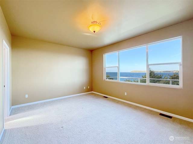 spare room with carpet flooring and a water view