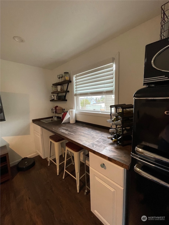 home office featuring dark hardwood / wood-style flooring and sink