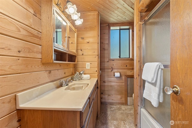 288 Torrence Ln, Oak Harbor, WA 98277 - full bathroom with wooden walls, vanity, wood ceiling, and stone finish flooring