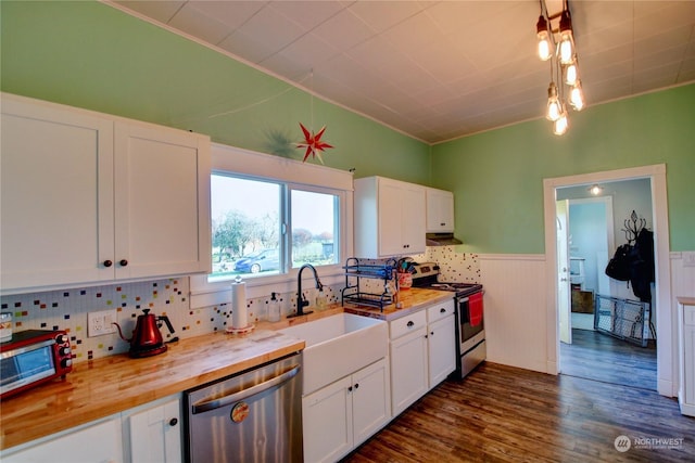 kitchen with wood counters, appliances with stainless steel finishes, sink, white cabinets, and dark hardwood / wood-style floors