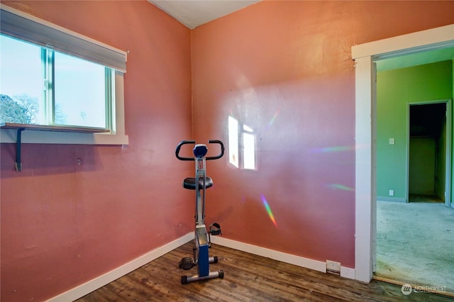 workout area with hardwood / wood-style floors