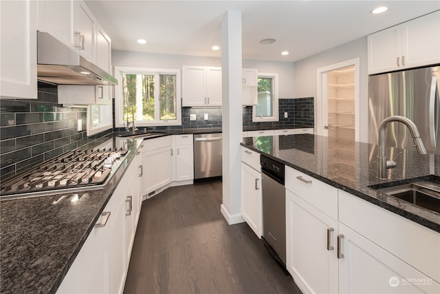 kitchen with white cabinets, dark hardwood / wood-style floors, sink, and dark stone countertops