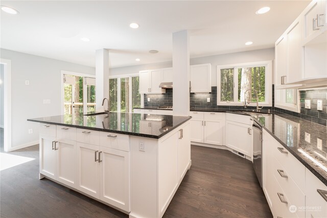 kitchen with dark wood-type flooring, a healthy amount of sunlight, a kitchen island, and dark stone countertops