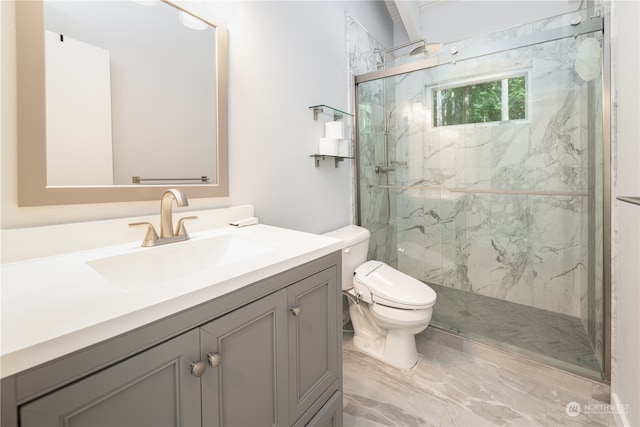 bathroom with toilet, an enclosed shower, and vanity