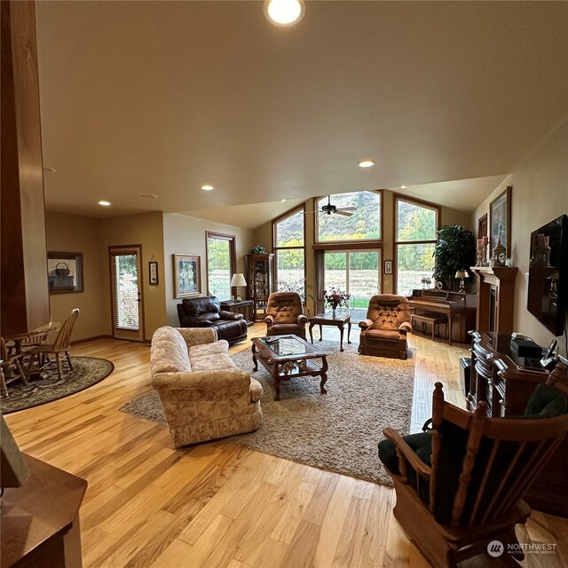 living room with ceiling fan, lofted ceiling, and light wood-type flooring