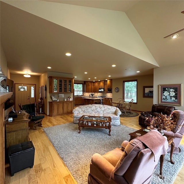 living room featuring light hardwood / wood-style floors and lofted ceiling