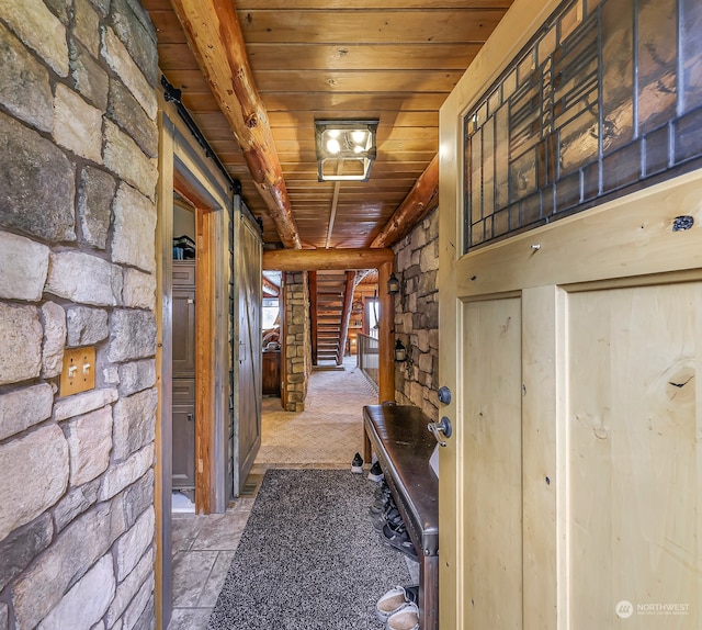 hallway with beamed ceiling and wooden ceiling