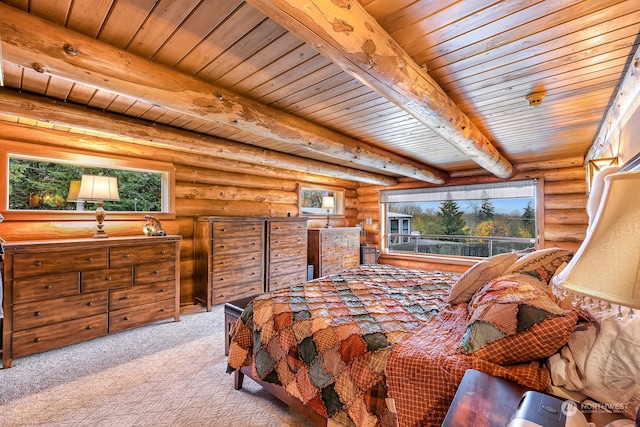 carpeted bedroom with beamed ceiling, rustic walls, and wood ceiling