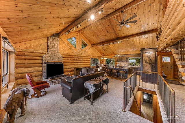 carpeted living room featuring wooden ceiling, high vaulted ceiling, ceiling fan, beam ceiling, and log walls