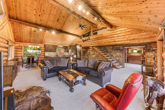 living room featuring wooden ceiling, rustic walls, beam ceiling, ceiling fan, and light hardwood / wood-style flooring