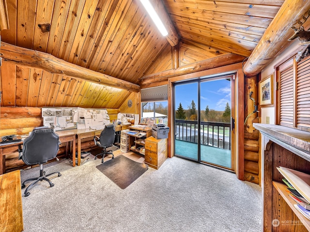 carpeted office space featuring wood ceiling, log walls, and lofted ceiling with beams