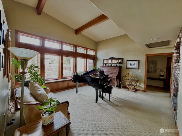 misc room featuring vaulted ceiling with beams and light colored carpet