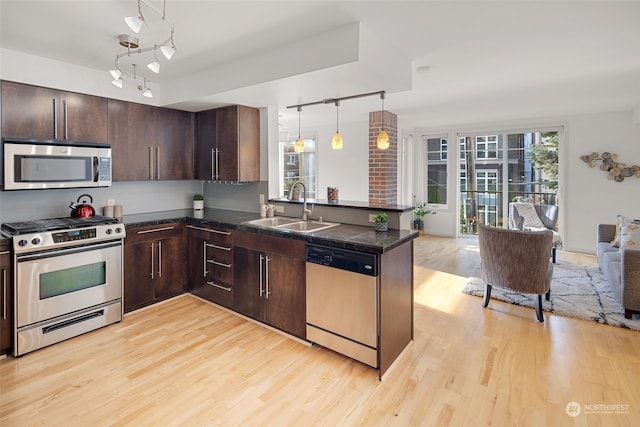 kitchen with stainless steel appliances, light hardwood / wood-style floors, sink, kitchen peninsula, and dark brown cabinets