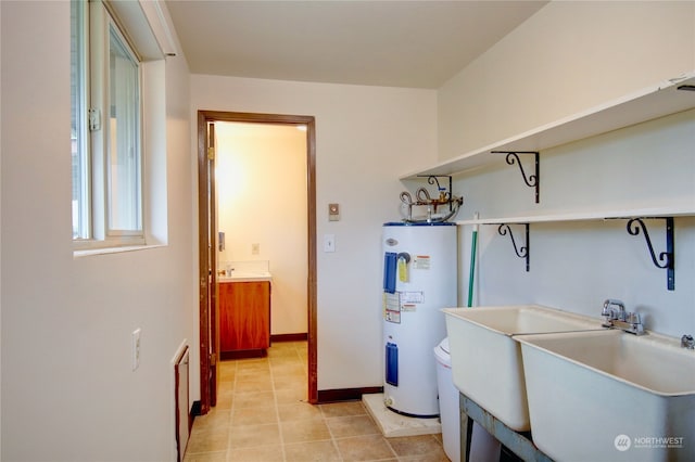 laundry room with water heater and sink