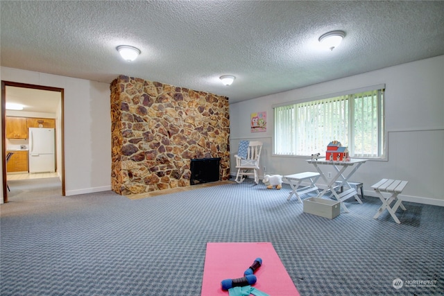 interior space with carpet flooring and a textured ceiling