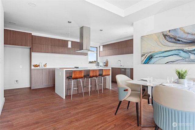 1025 Granary Ave Unit 203, Bellingham, WA 98225 - kitchen with island exhaust hood, modern cabinets, wood finished floors, and light countertops