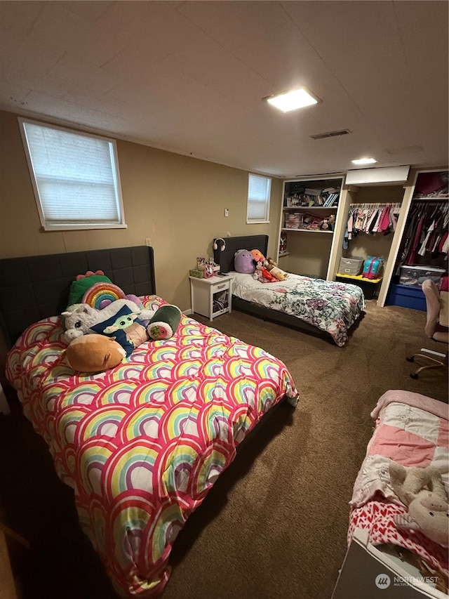 bedroom with a closet, carpet, and multiple windows