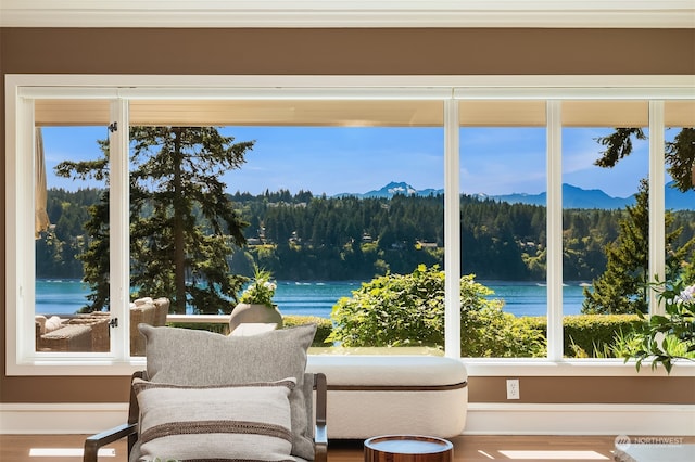 doorway to outside with hardwood / wood-style floors and a water and mountain view