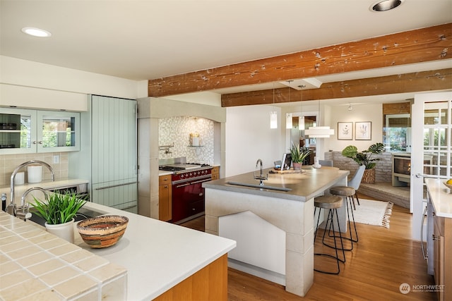 kitchen featuring a kitchen island with sink, backsplash, light wood-type flooring, and plenty of natural light