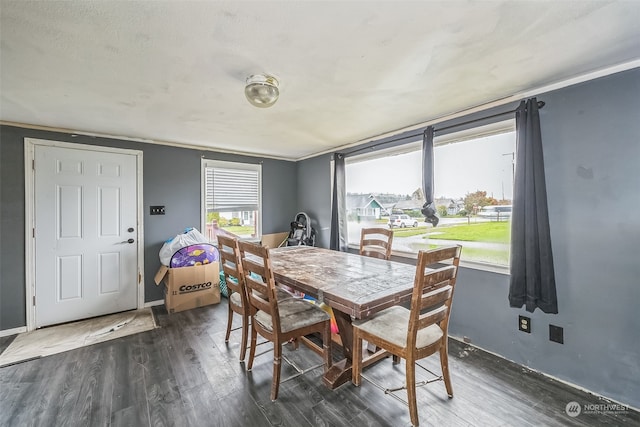 dining room with a textured ceiling and dark wood-type flooring