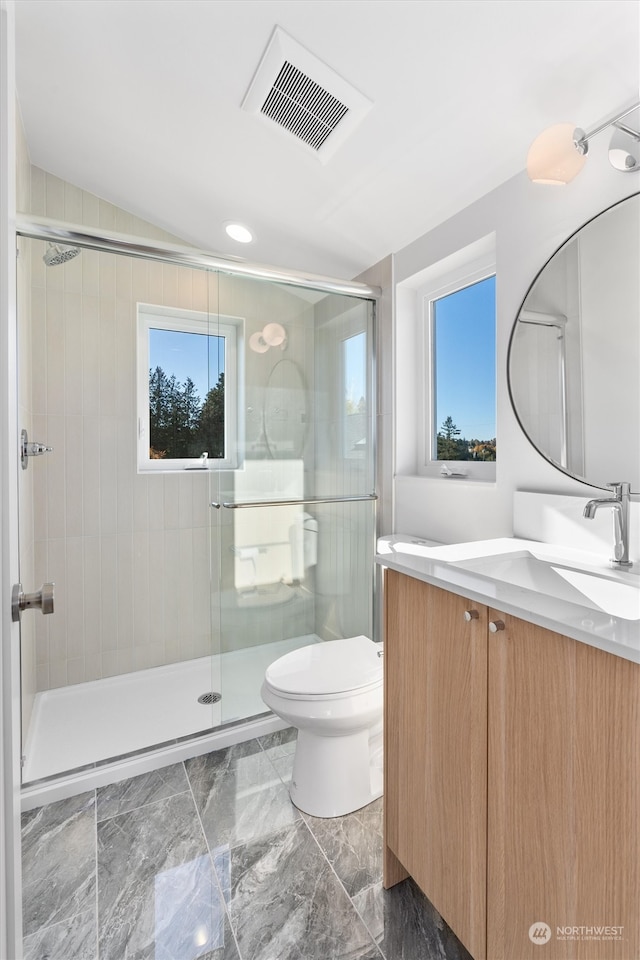 bathroom featuring vanity, toilet, an enclosed shower, and lofted ceiling