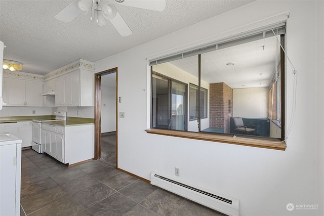 kitchen with white range with electric cooktop, a textured ceiling, white cabinets, a baseboard heating unit, and ceiling fan