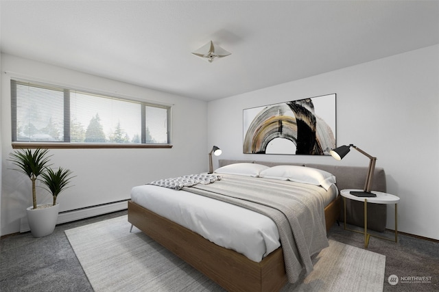 carpeted bedroom featuring a baseboard heating unit