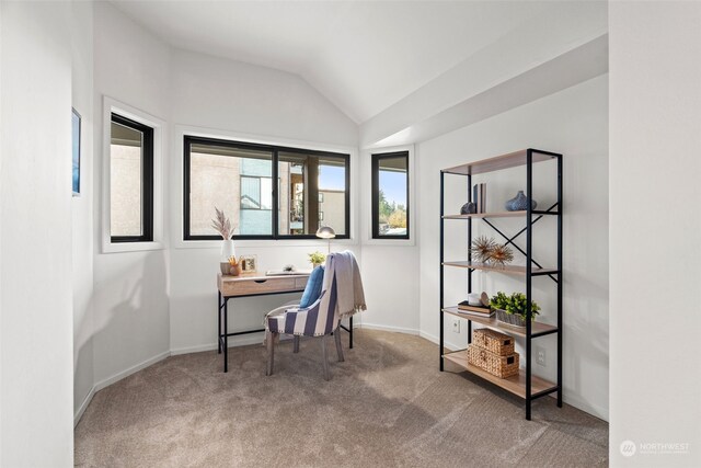 carpeted office featuring lofted ceiling