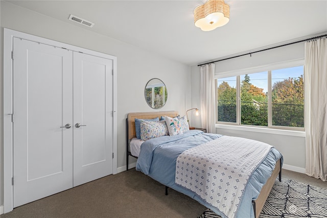 bedroom featuring dark colored carpet and a closet