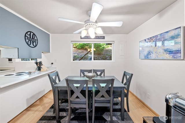 dining area featuring light hardwood / wood-style flooring and ceiling fan