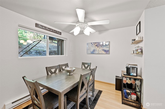 dining room with baseboard heating, light hardwood / wood-style flooring, and ceiling fan