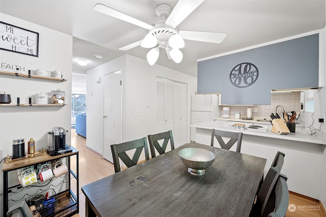 dining space featuring light wood-type flooring, a textured ceiling, and ceiling fan