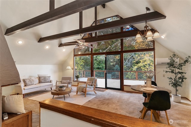 carpeted living room with high vaulted ceiling, ceiling fan with notable chandelier, and beam ceiling