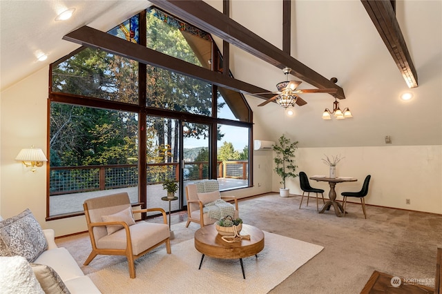 carpeted living room featuring a wealth of natural light, ceiling fan with notable chandelier, beam ceiling, and high vaulted ceiling