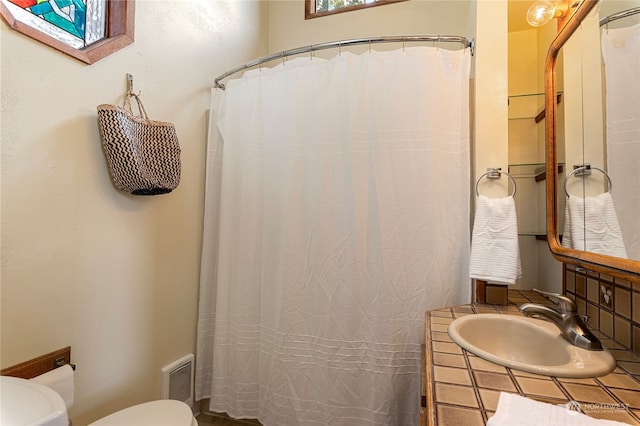 bathroom with toilet, vanity, and a skylight