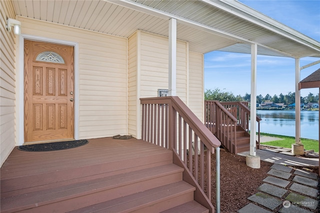 property entrance featuring a water view