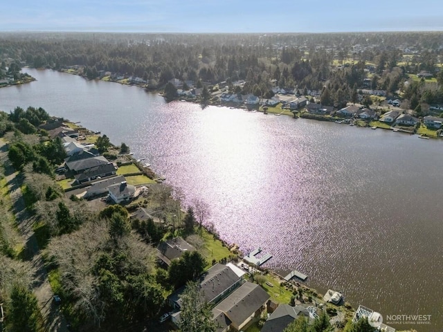 drone / aerial view with a water view and a residential view
