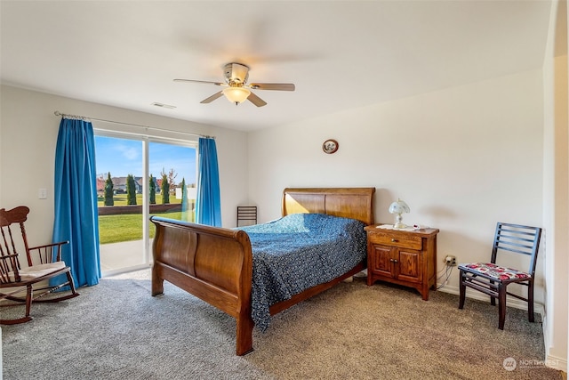 carpeted bedroom featuring ceiling fan and access to exterior